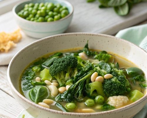 Grüne Frühlingsminestrone – leichte Gemüsesuppe mit Okra, Bohnen und Muschelnudeln