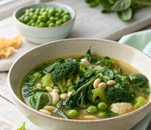 Grüne Frühlingsminestrone – leichte Gemüsesuppe mit Okra, Bohnen und Muschelnudeln