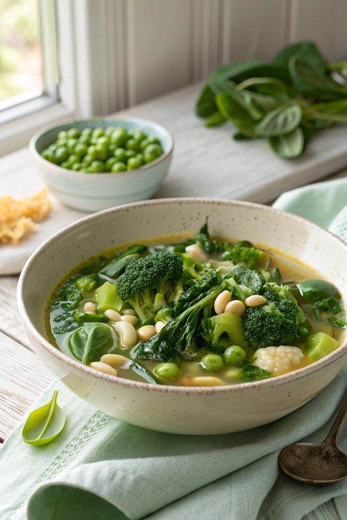 Grüne Frühlingsminestrone – leichte Gemüsesuppe mit Okra, Bohnen und Muschelnudeln