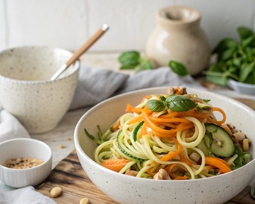 Gemüse-Spaghetti mit Mandeln – leichte Low-Carb-Alternative voller Frische