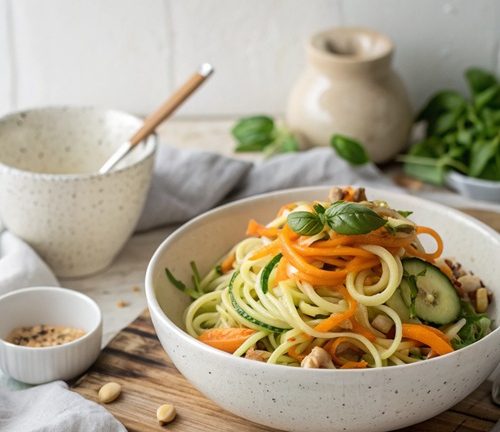 Gemüse-Spaghetti mit Mandeln – leichte Low-Carb-Alternative voller Frische