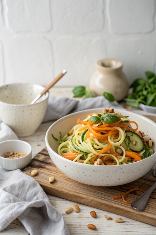 Gemüse-Spaghetti mit Mandeln – leichte Low-Carb-Alternative voller Frische