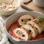 Hähnchenröllchen in Tomatenrahm – mediterraner Genuss mit Oliven, Mozzarella & Mandeln