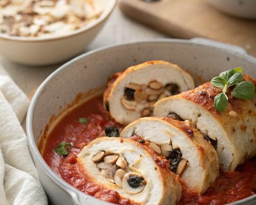 Hähnchenröllchen in Tomatenrahm – mediterraner Genuss mit Oliven, Mozzarella & Mandeln