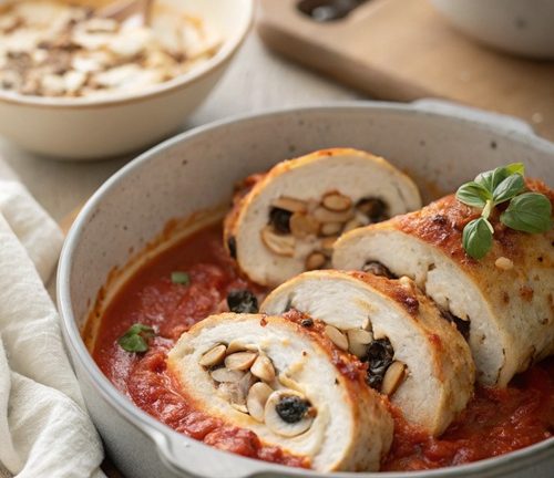 Hähnchenröllchen in Tomatenrahm – mediterraner Genuss mit Oliven, Mozzarella & Mandeln
