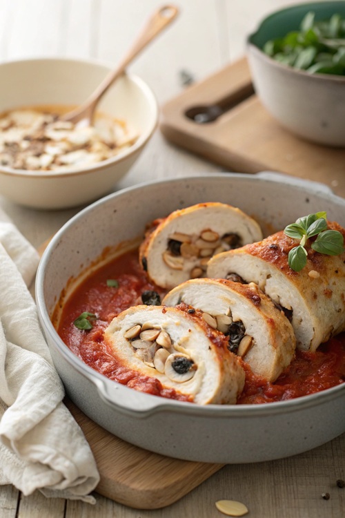 Hähnchenröllchen in Tomatenrahm – mediterraner Genuss mit Oliven, Mozzarella & Mandeln