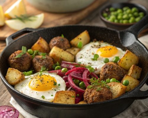 Deftige Kartoffelpfanne mit Bratbällchen & Spiegelei – herzhaft, sättigend & echtes Seelenessen