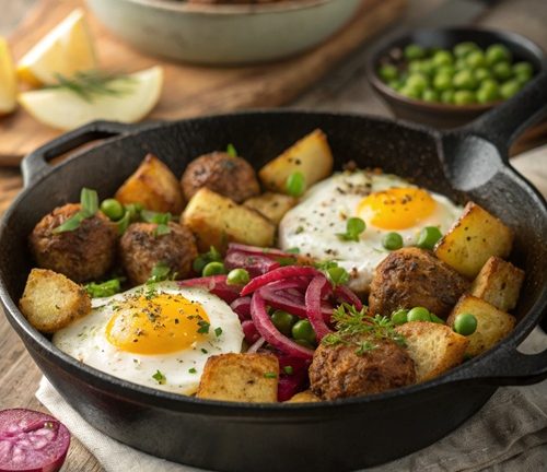 Deftige Kartoffelpfanne mit Bratbällchen & Spiegelei – herzhaft, sättigend & echtes Seelenessen