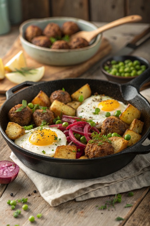 Deftige Kartoffelpfanne mit Bratbällchen & Spiegelei – herzhaft, sättigend & echtes Seelenessen