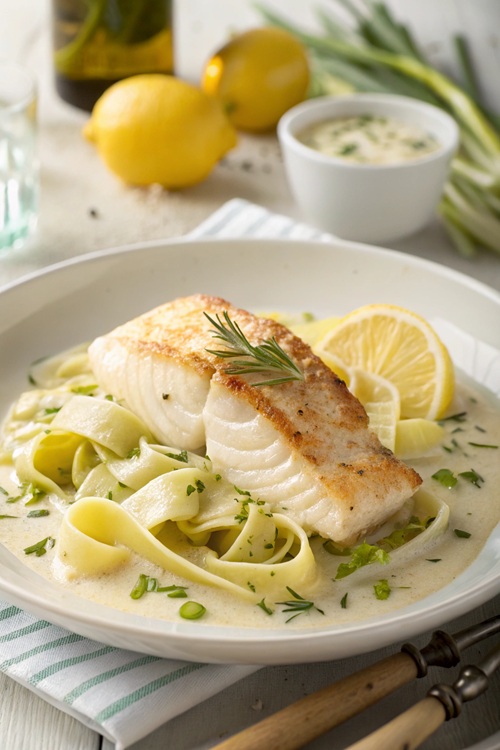 Fischfilet in cremiger Porree-Soße mit Bandnudeln – leichtes Wohlfühlessen für jeden Tag