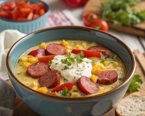 Maissuppe mit Kabanossi und Feta-Dip – blitzschnell, herzhaft & richtig gemütlich