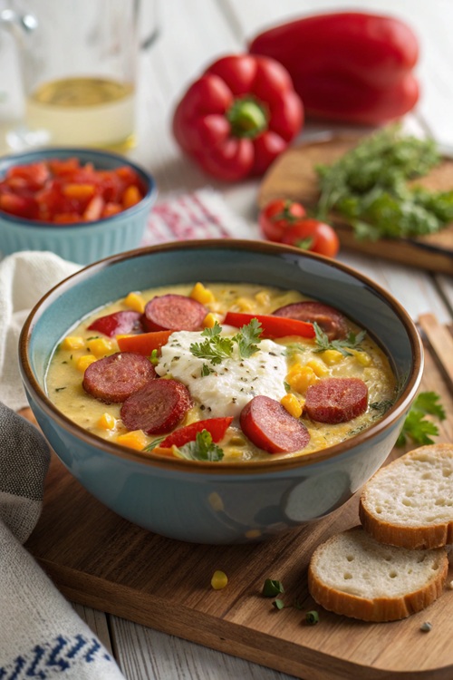 Maissuppe mit Kabanossi und Feta-Dip – blitzschnell, herzhaft & richtig gemütlich