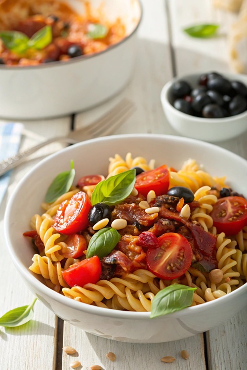 Pasta mit Tomaten und Oliven – mediterraner Genuss für den Feierabend