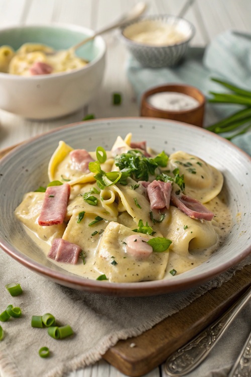 Tortellini in Kräuter-Rahm mit Schinken und Käse – cremiges Montags-Wohlfühlessen