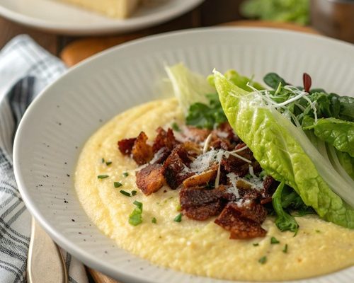 Cremige Parmesan-Polenta mit warmem Römersalat und Speck-Vinaigrette