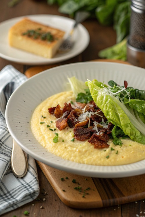 Cremige Parmesan-Polenta mit warmem Römersalat und Speck-Vinaigrette