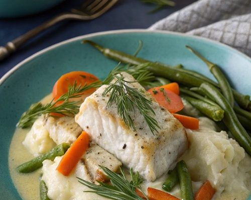 Fischragout mit grünen Bohnen in cremiger Senfsoße