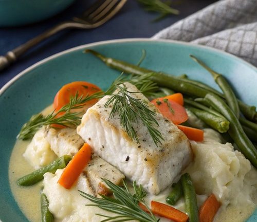 Fischragout mit grünen Bohnen in cremiger Senfsoße