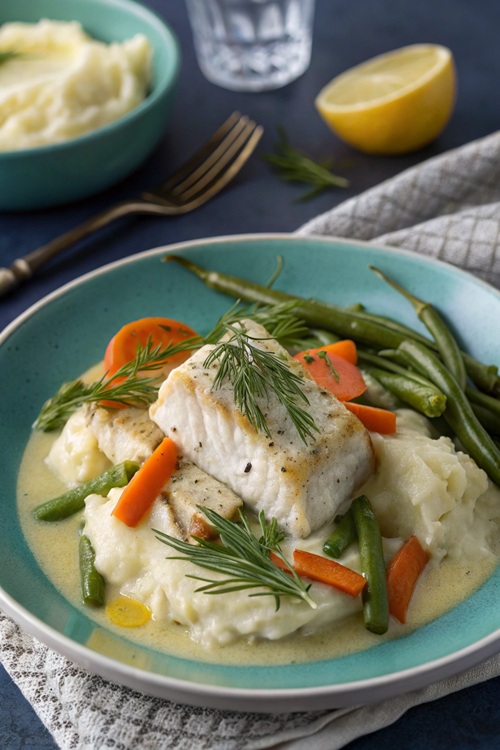 Fischragout mit grünen Bohnen in cremiger Senfsoße