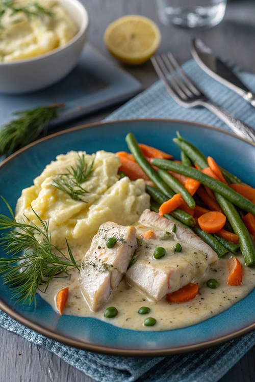 Fischragout mit grünen Bohnen in cremiger Senfsoße