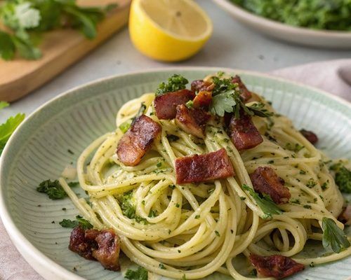 Zitronennudeln mit Bacon und Petersilien-Pesto – frisch, würzig und unwiderstehlich