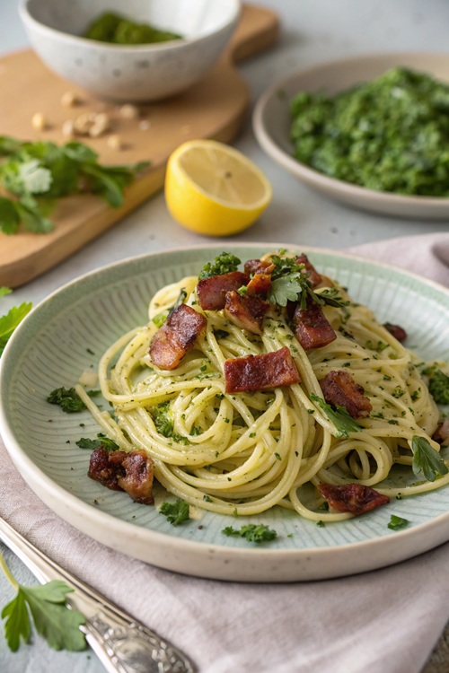 Zitronennudeln mit Bacon und Petersilien-Pesto – frisch, würzig und unwiderstehlich