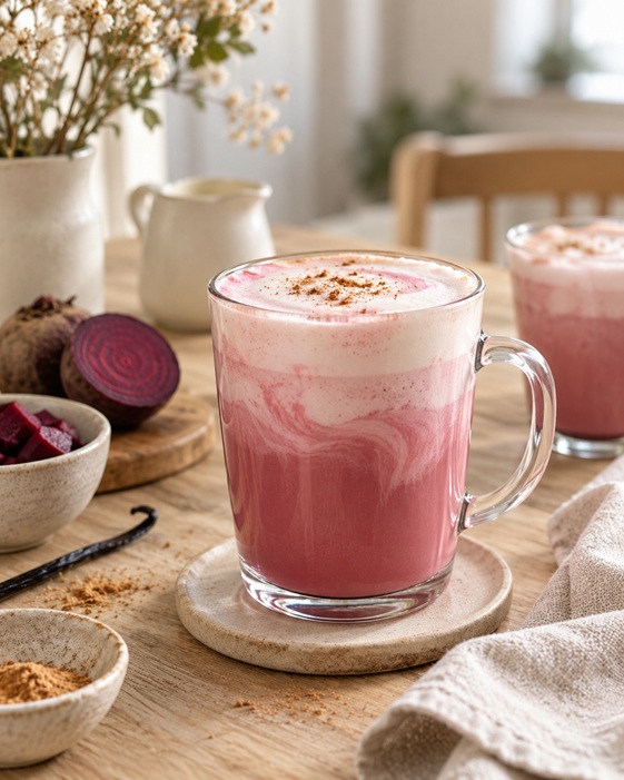 Cremiger Rote-Bete-Latte mit Milchschaum, Vanille und Zimt