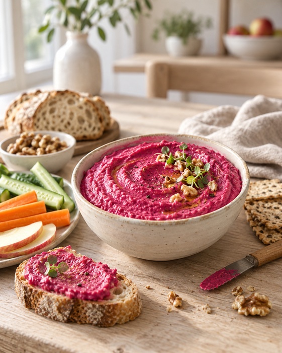 Cremiger Rote-Bete-Meerrettich-Dip mit Apfel und Sprossen