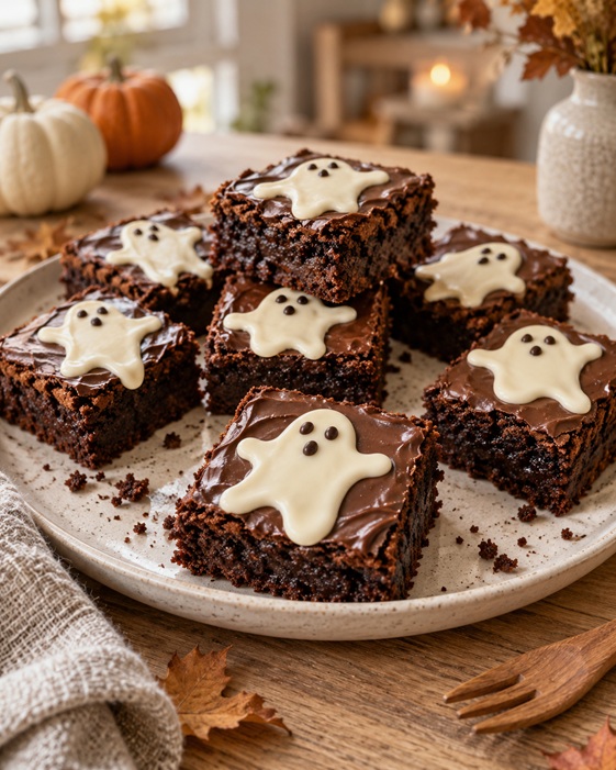 Saftige Geisterbrownies mit weißer Schokoladen-Deko für Halloween