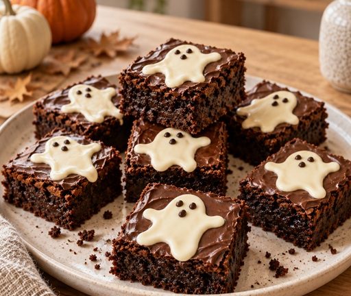 Saftige Geisterbrownies mit weißer Schokoladen-Deko für Halloween